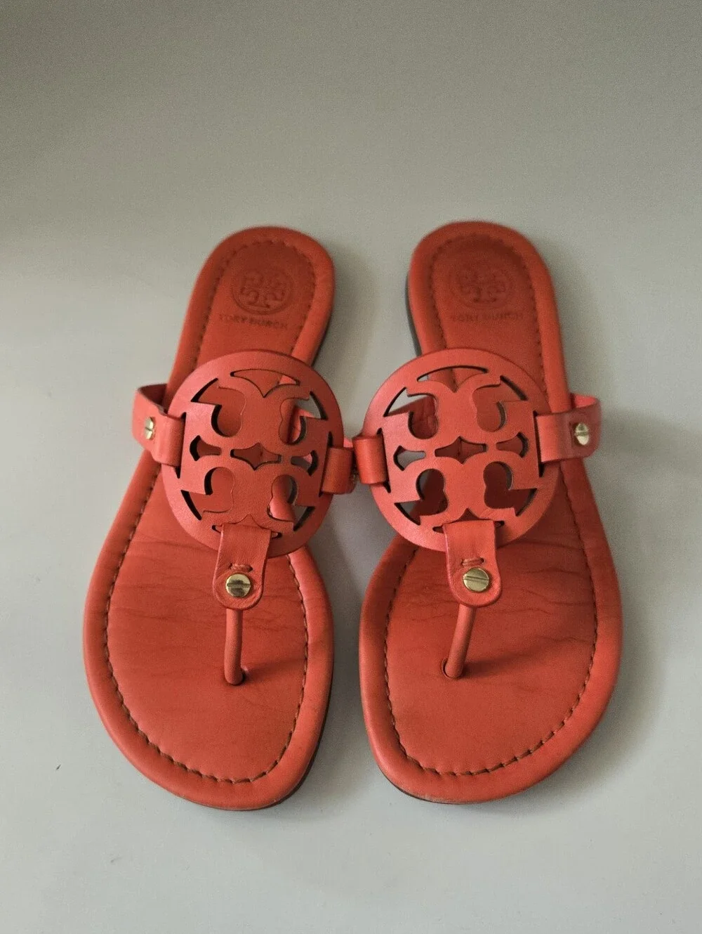 Tory Burch Coral Red Miller Logo Leather Thong Sandals8
